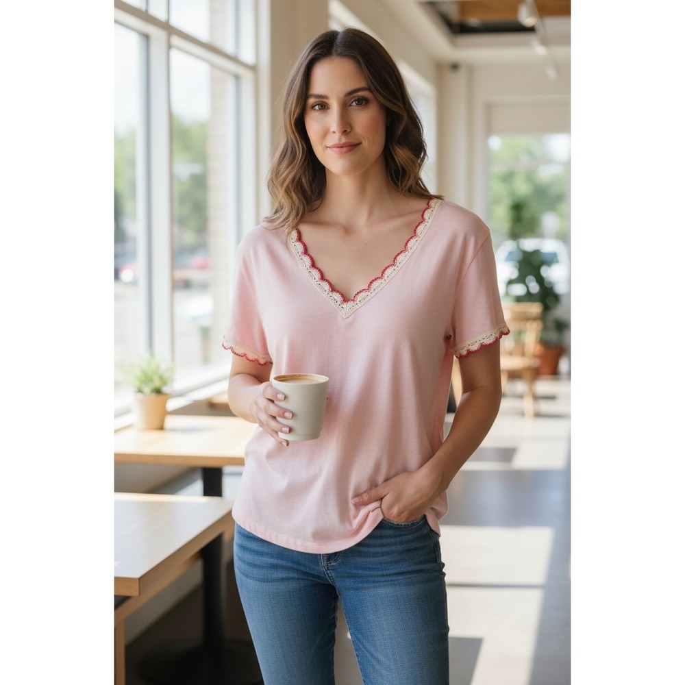 POL Pink Crochet Lace Trim V-Neck Short Sleeve Top Womens Large Boho Slub Tee